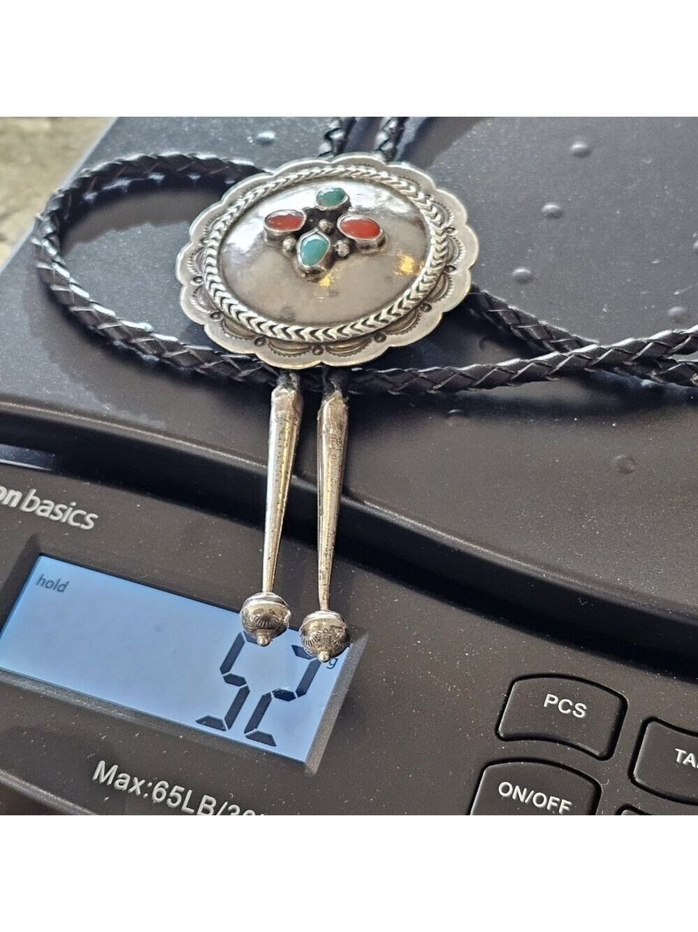 Navajo Turquoise And Coral Sterling Silver Bolo Tie Native American Vintage - Picture 11 of 11